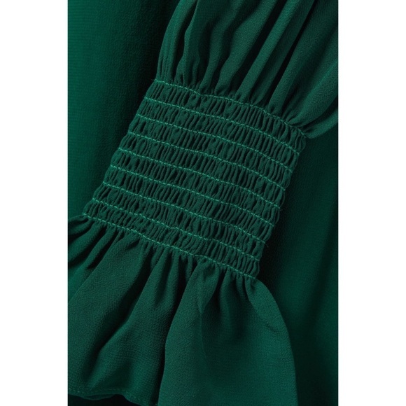 REFORMATION Emerald Crepe Long Puffed Bell Sleeve Ruffled High Neck Mini Dress 2 - Picture 5 of 8